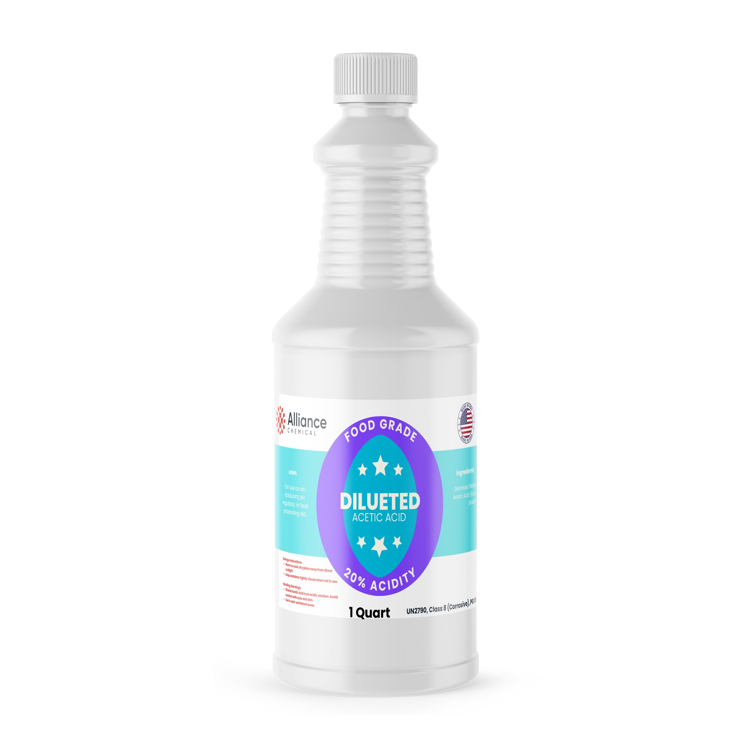 Alliance Chemical 20% diluted acetic acid food grade in clear 1-quart HDPE bottle with screw cap